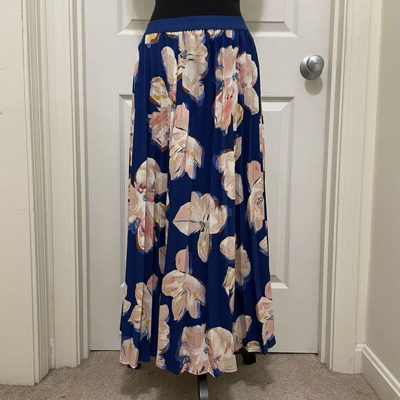 A New Day Blue Maxi Skirt Pink Flowers‎ Floral Print Pleated Women's Small - Picture 1 of 9